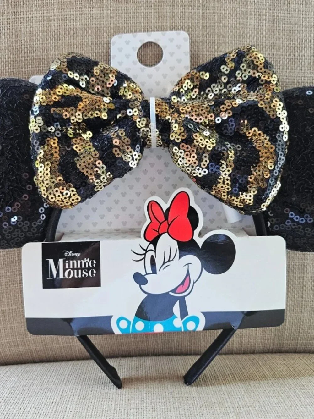 Disney Minnie Mouse Ear Headband Black/Gold Sequins BOW Hair Clip NWT
